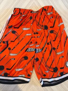 Flow Society Boys XL Athletic Shorts Orange Hockey Stick Puck Print Drawstring